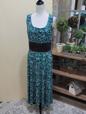 Perceptions Teal Mosaic Maxi Dress with Black Waistband Womens Sz 12